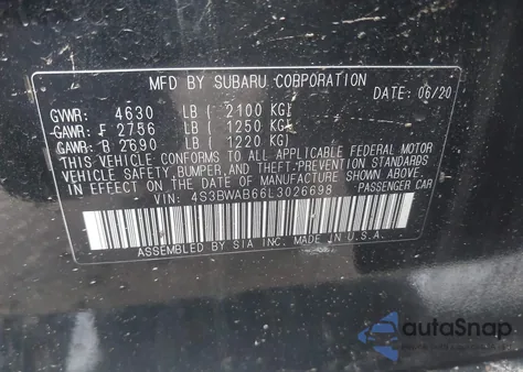 2020 Subaru Legacy из США, поврежденный, VIN 4S3BWAB66L3026698